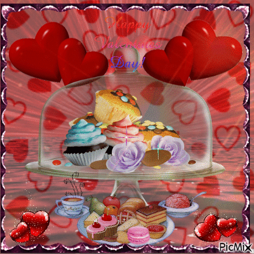 Tarjeta de San Valentín con comida y corazones - Gratis geanimeerde GIF