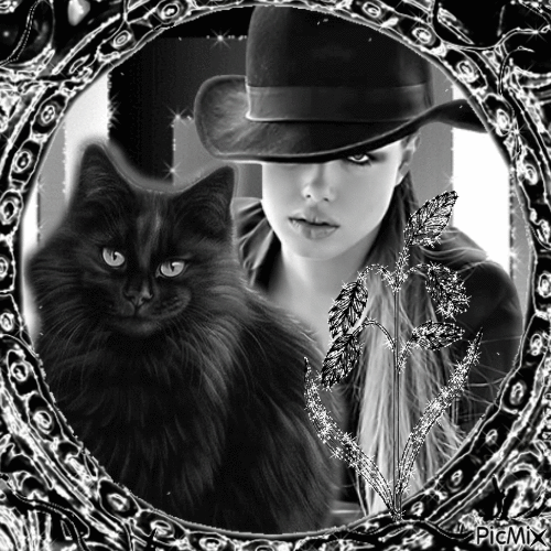 Femme et chat noir - GIF animé gratuit