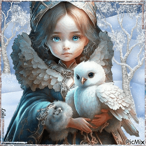 Winter. Girl. Girl. Owl - Ingyenes animált GIF