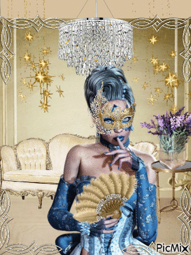 Lady with Mask, Fan and Beautiful Gown - Free animated GIF