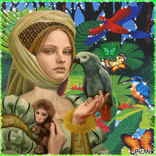 Woman with her parrot and monkey. Tropical - GIF animado gratis