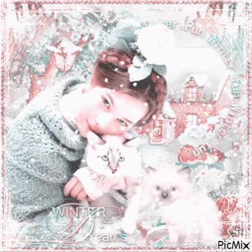 Girl in Winter with her cats