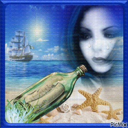 Une bouteille à la mer et regard triste. - Free animated GIF