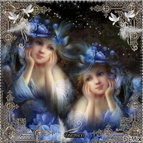 femme et roses bleues - Безплатен анимиран GIF