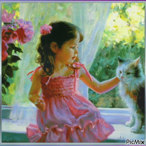 Little girl & Cat - Ingyenes animált GIF