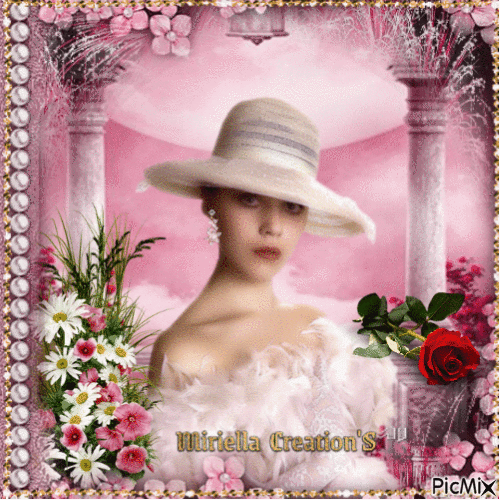 Portrait de  femme avec  chapeau sur fond  rose - Бесплатни анимирани ГИФ