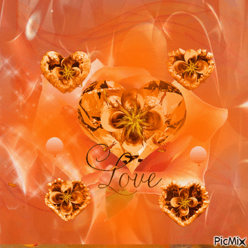BIG GOLD HEARTS BURSTING IN  IN ALL 4 CORNERSORANGE AND WHITE SWIRLING INTHE MIDDLE AND THE BACKGROUND. AND LOVE UNDER THE BIG ORANGE HEART - Ingyenes animált GIF