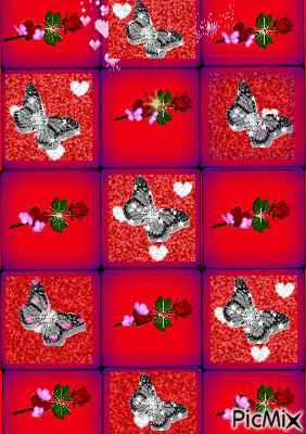 ROSES WITH BUTTERFLIES ON RED - Darmowy animowany GIF