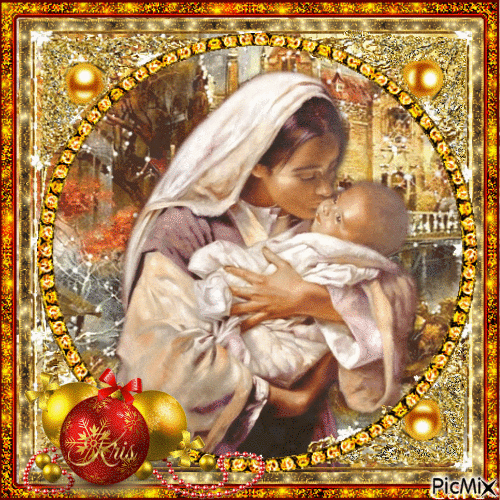 Vierge et son bébé - Tons dorés - GIF animé gratuit