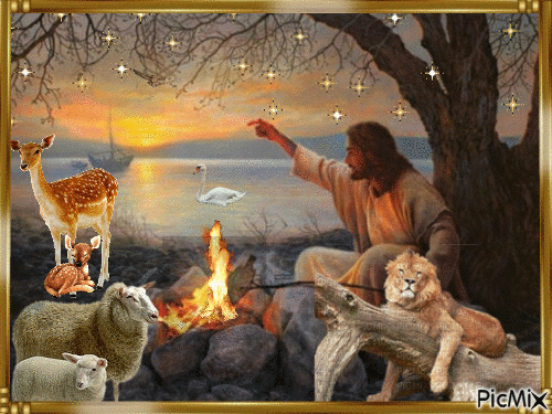 JESUS, COOKING FISH ON FIRE, MAMA DEER AND BABY, ALION LAYING ON A LOG, AN OWL FLYING TOWARD THE FRONT AND DISAPPEARING, A SWAN, AND SPARKLING STARS. - Zdarma animovaný GIF
