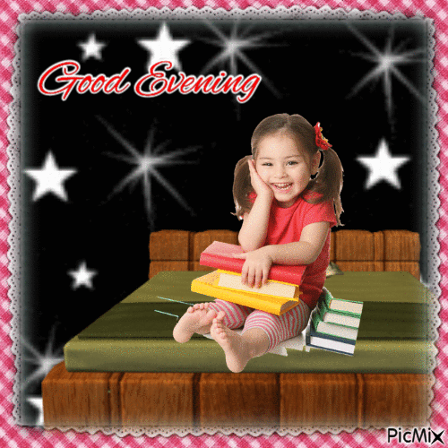 Good Evening Greeting - Girl With a Pile of Books - 免费动画 GIF