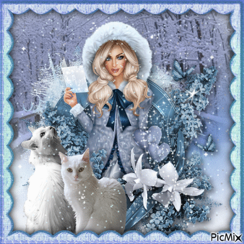 Jeune femme en hiver avec des chats. - Gratis geanimeerde GIF