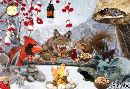 winter feast with the woodland creature frog friends - GIF animate gratis