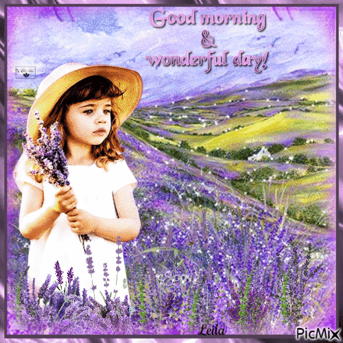 Good morning and wonderful day. Lavender. Girl. - Bezmaksas animēts GIF
