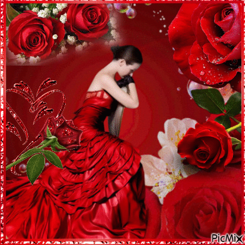 Femme entourée de roses rouges - 無料のアニメーション GIF