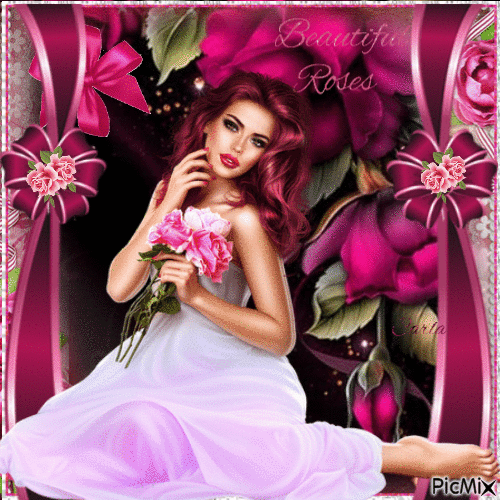 Beautiful Femme with roses - Darmowy animowany GIF