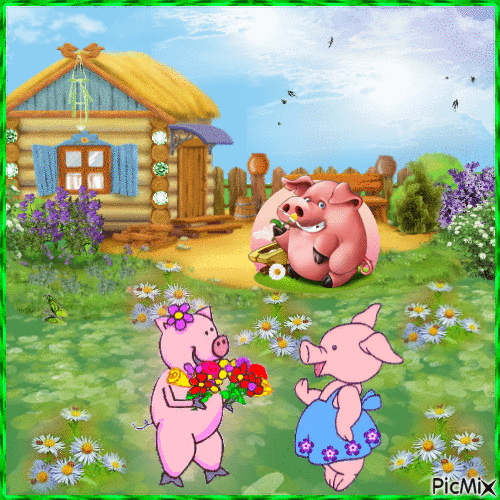 конкурс. Petits cochons et fleurs - GIF animé gratuit