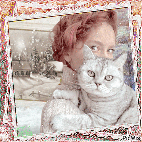 Fille d'hiver avec son chat - Free animated GIF
