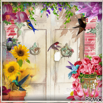 flowers and hummingbird - Безплатен анимиран GIF