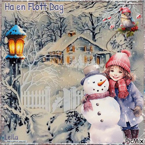Have a Great Day. Winter, girl, snowman - Бесплатни анимирани ГИФ