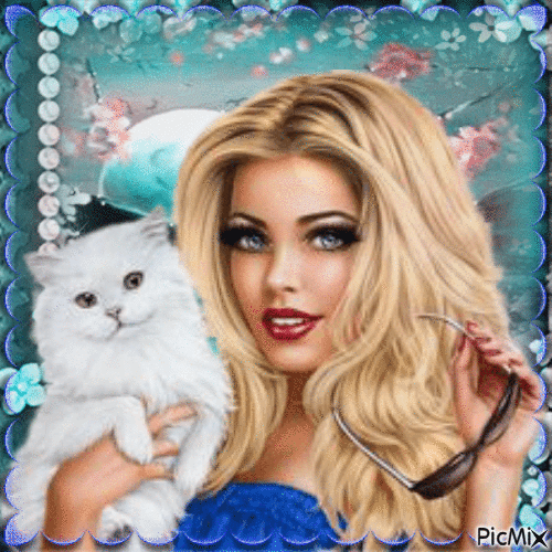 Femme Blonde et Chat Blanc - Free animated GIF
