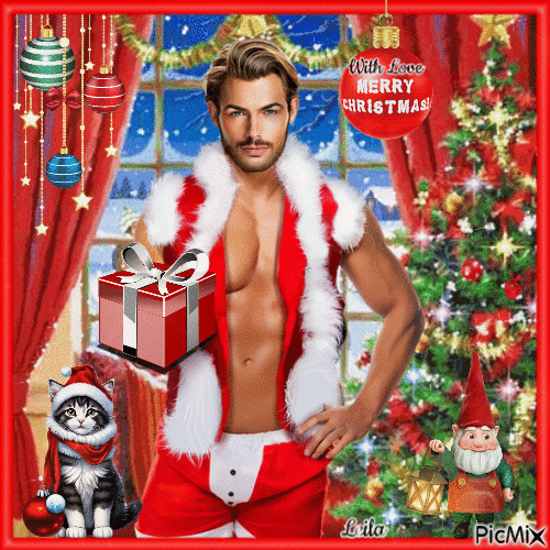 With Love Merry Christmas. Man, cat, gift, sexy - GIF animate gratis