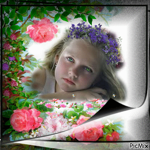 Retrato de niña con flores - GIF animasi gratis