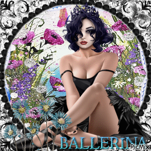 Ballerina with lilac and blue flowers - Бесплатни анимирани ГИФ