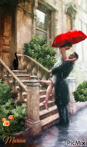 Couple under red umbrella/American artist Daniel Del Orfano - GIF animé gratuit