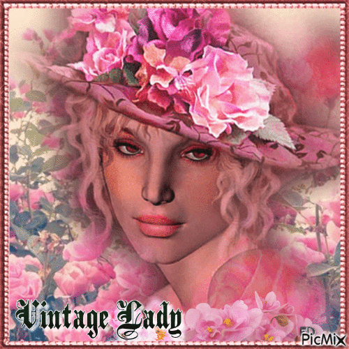 Vintage Frau mit rosa Hut, Blumen und Rahmen - Kostenlose animierte GIFs