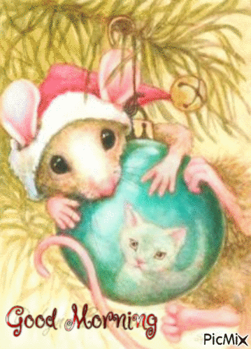 Good Morning christmas tree Mouse and cat - Free animated GIF - PicMix