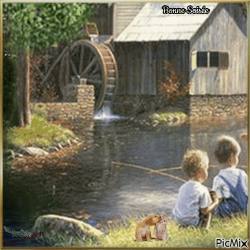 Concours : Enfants qui pêchent dans l'étang - Vintage - Bezmaksas animēts GIF