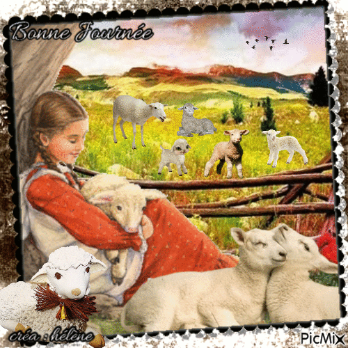 Petite fille et agneau - Vintage - GIF animado grátis