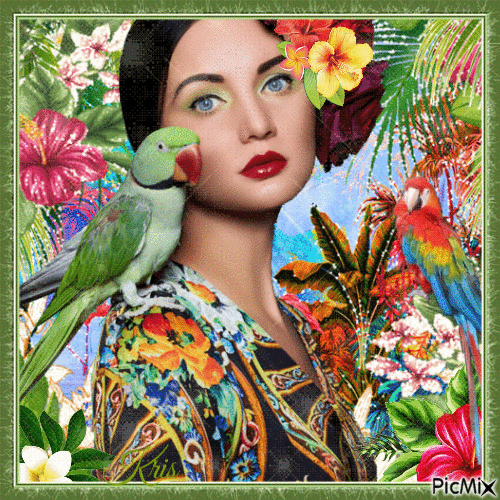 Été tropical, femme et perroquet - Ilmainen animoitu GIF