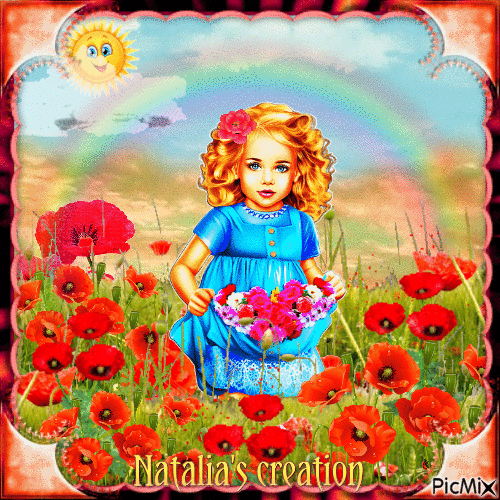 petite fille Et champ de coquelicots avec arc-en-ciel - Ingyenes animált GIF