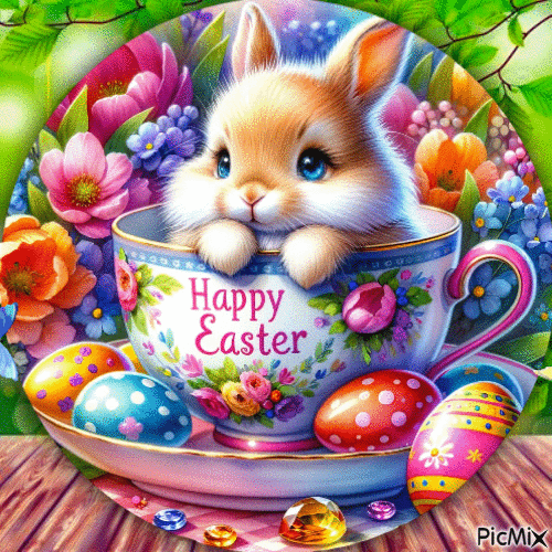 Happy Easter Bunny, Flowers and Butterflies - Bezmaksas animēts GIF