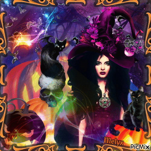 Halloween witch with cat - Free animated GIF