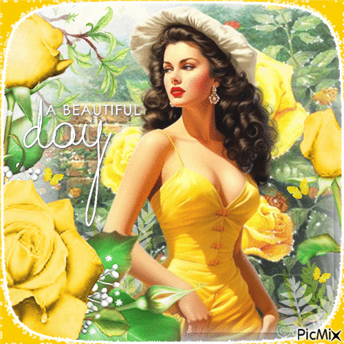 Beautiful woman garden rose yellow - Free animated GIF