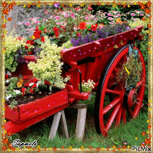 Flores na carroça - GIF animado grátis