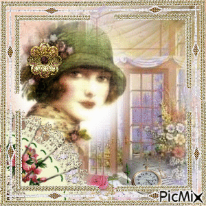 Portrait dame au chapeau vert - Бесплатный анимированный гифка