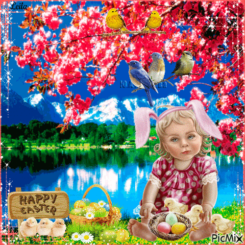 Happy Easter. Girl with chickens and eggs - Gratis geanimeerde GIF