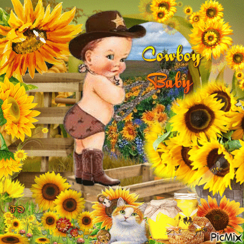 Sonnenblumen und Baby-Cowboy - Бесплатный анимированный гифка