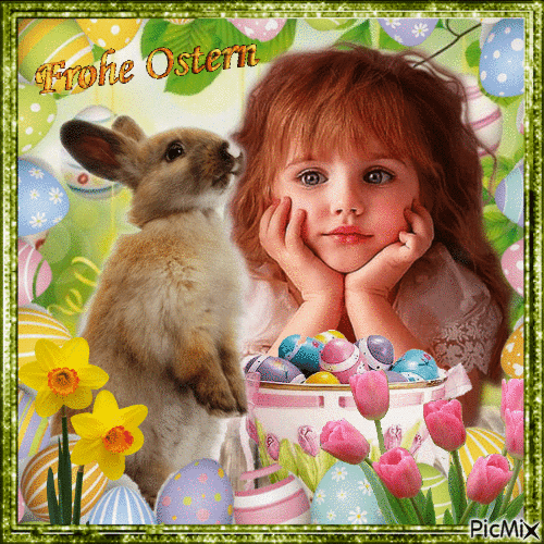 Osterkindermädchen mit einem Kaninchen - Безплатен анимиран GIF