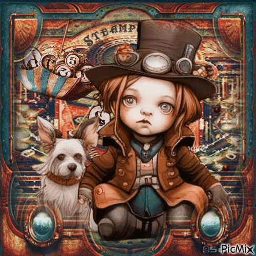 Steampunk children boy dog animals - GIF animé gratuit