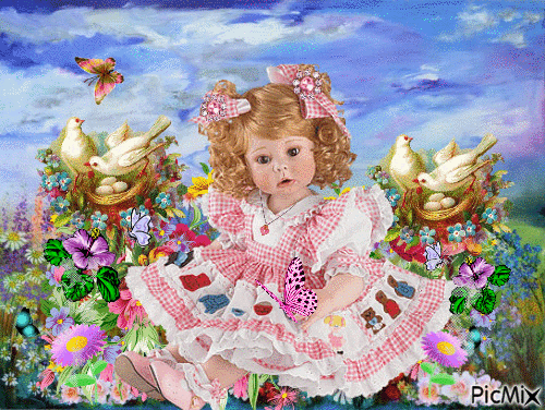 A PRETTY DOLL SITTING AMONG THE FLOWERS AND BIRDS AND BUTTERFLIES. - Gratis geanimeerde GIF