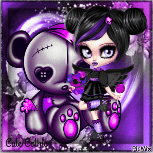 Cute Gothic Girl And Teddy Bear - Zdarma animovaný GIF
