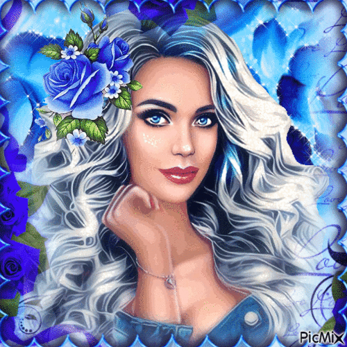 Femme en bleu avec rose bleue dans les cheveux.. - GIF animado grátis