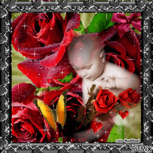bébé et les roses rouges - Бесплатный анимированный гифка