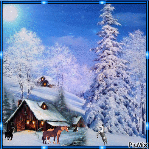 A WINTER SCENE AT THE BARN WITH THE HORSES, A HOUSE ON THE HILL LIT UP, AND A LOT OF SNOW TWINKLING IN THE SNOW, AND A BLUE FRAME. - Бесплатни анимирани ГИФ