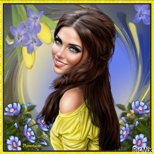Femme en jaune et bleu. - GIF animado grátis